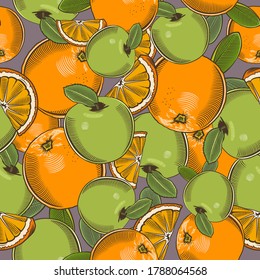 Colored seamless pattern with green apples and oranges in vintage style