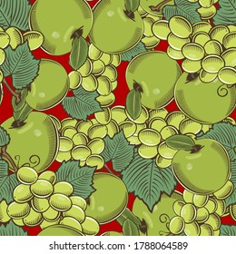 Colored seamless pattern with green apples and grapes in vintage style