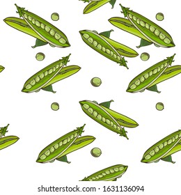 Colored seamless pattern with green pea pods in vintage style