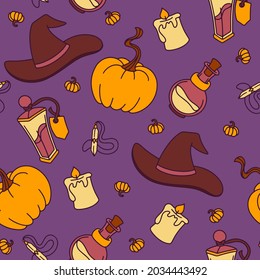 Colored seamless pattern of halloween witch items prints. Vector illustration, design, doodle. Festive packaging. Pumpkin.
