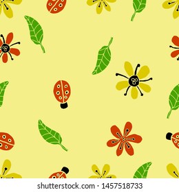 Colored seamless pattern with handdrawn flowers, leaves and ladybugs.