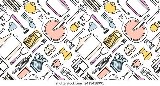 Colored seamless pattern with hand-drawn kitchen utensils doodle. Illustration suitable for textile, wrap paper printing, backgrounds.