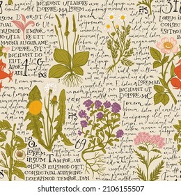Colored seamless pattern with hand-drawn medicinal herbs and handwritten text Lorem Ipsum on an old paper. Vector background on the theme of herbal medicine. Retro wallpaper, wrapping paper or fabric