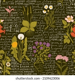 Colored seamless pattern with hand-drawn medicinal herbs and handwritten text Lorem Ipsum on a dark backdrop. Retro wallpaper, wrapping paper, fabric. Vector background on the theme of herbal medicine