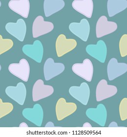 Colored seamless pattern with hearts on a aquamarine background. Muted tones. Vector eps 10.