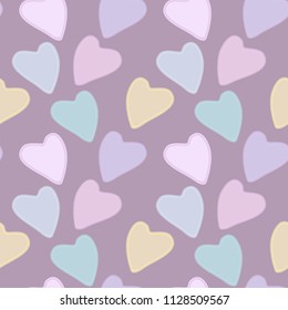 Colored seamless pattern with hearts on a lilac background. Muted tones. Vector eps 10.