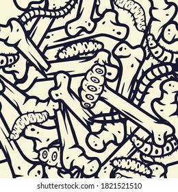 Colored seamless pattern with illustrations of caterpillar, maggots worms and bones for halloween design. Scary insect larvae. October party banner, poster or postcard