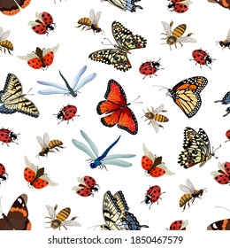 Colored seamless pattern with insects.Butterflies, dragonflies, bees and ladybugs in a color pattern.