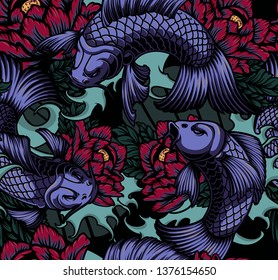 Colored seamless pattern in Japanese subjects with koi carp.