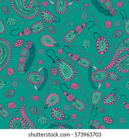 Colored seamless pattern with jewellery: earrings, rings, chain and bracelets.