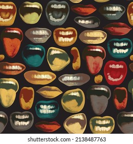 Colored seamless pattern with lips that smile and show tongue and teeth. Vector background with laughing, surprised, excited, angry, singing, screaming human mouths on a black backdrop in retro style