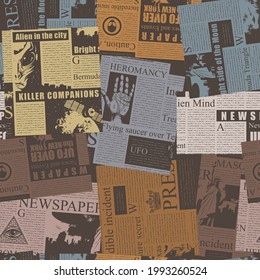 Colored seamless pattern with magazine and newspaper clippings. Vector abstract background with headlines, illustrations and unreadable text. Suitable for Wallpaper, wrapping paper or fabric design