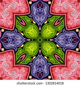 Colored Seamless Pattern with Mosaic Motif. Endless Floral Texture in Paisley Indian Style. Tile Ethnic Background. Realistic Complex Ornament. Vector 3d Illustration. Abstract Mandala Art