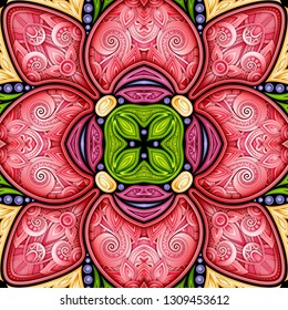 Colored Seamless Pattern with Mosaic Motif. Endless Floral Texture in Paisley Indian Style. Tile Ethnic Background. Realistic Complex Ornament. Vector 3d Illustration. Abstract Mandala Art