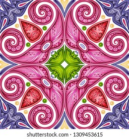 Colored Seamless Pattern with Mosaic Motif. Endless Floral Texture in Paisley Indian Style. Tile Ethnic Background. Realistic Complex Ornament. Vector 3d Illustration. Abstract Mandala Art