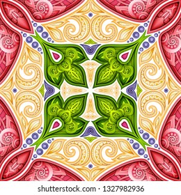 Colored Seamless Pattern with Mosaic Motif. Endless Floral Texture in Paisley Indian Style. Tile Ethnic Background. Realistic Complex Ornament. Vector 3d Illustration. Abstract Mandala Art