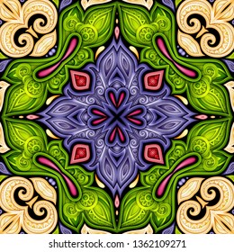 Colored Seamless Pattern with Mosaic Motif. Endless Floral Texture in Paisley Indian Style. Tile Ethnic Background. Realistic Complex Ornament. Vector 3d Illustration. Abstract Mandala Art