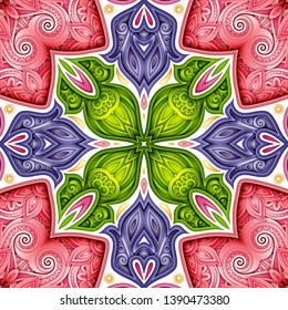 Colored Seamless Pattern with Mosaic Motif. Endless Floral Texture in Paisley Indian Style. Tile Ethnic Background. Realistic Complex Ornament. Vector 3d Illustration. Abstract Mandala Art