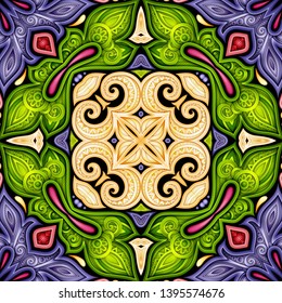 Colored Seamless Pattern with Mosaic Motif. Endless Floral Texture in Paisley Indian Style. Tile Ethnic Background. Realistic Complex Ornament. Vector 3d Illustration. Abstract Mandala Art