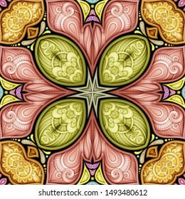 Colored Seamless Pattern with Mosaic Motif. Endless Floral Texture in Paisley Indian Style. Tile Ethnic Background. Realistic Complex Ornament. Vector 3d Illustration. Abstract Mandala Art