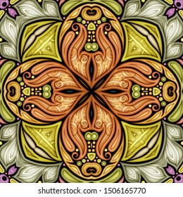 Colored Seamless Pattern with Mosaic Motif. Endless Floral Texture in Paisley Indian Style. Tile Ethnic Background. Realistic Complex Ornament. Vector 3d Illustration. Abstract Mandala Art