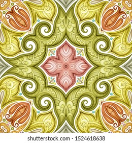 Colored Seamless Pattern with Mosaic Motif. Endless Floral Texture in Paisley Indian Style. Tile Ethnic Background. Realistic Complex Ornament. Vector 3d Illustration. Abstract Mandala Art