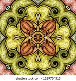 Colored Seamless Pattern with Mosaic Motif. Endless Floral Texture in Paisley Indian Style. Tile Ethnic Background. Realistic Complex Ornament. Vector 3d Illustration. Abstract Mandala Art
