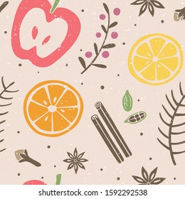 Colored seamless pattern. Mulled wine ingredients on a gray shabby background. Can be used for wallpaper, fabric, wrapping paper or holiday decoration. Vector shabby hand drawn illustration