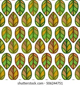 Colored seamless pattern on white background. Colored decorative artistic leaves with dark contour and hand drawn brush strokes. Autumn theme. 