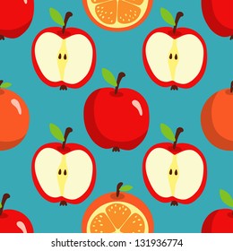 Colored seamless pattern with oranges and apples on a blue background-vector