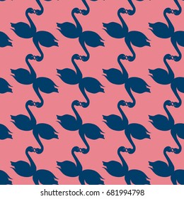 Colored seamless pattern with pairs of loving birds swan.