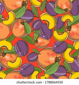 Colored seamless pattern with peaches and plums in vintage style