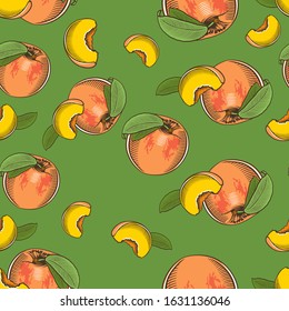 Colored seamless pattern with peaches and slices in vintage style