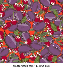 Colored seamless pattern with plums and cherries in vintage style