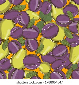 Colored seamless pattern with plums and pears in vintage style