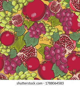 Patrón sin soldadura de color con granadas y uvas de estilo vintage