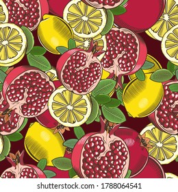 Colored seamless pattern with pomegranates and lemons in vintage style