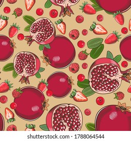 Colored seamless pattern with pomegranates and various berries in vintage style