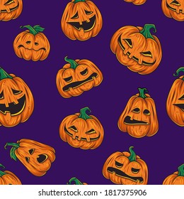 Colored seamless pattern with pumpkin with face emotion for halloween october party