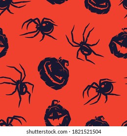 Colored seamless pattern with pumpkin and spider with face emotion for halloween october party