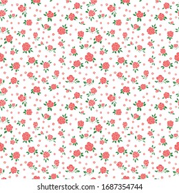 Colored seamless pattern of red roses with green leaves.