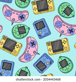 Colored seamless pattern of retro console prints. Vector illustration, design, doodle. Tetris, gameboy, tamagotchi.