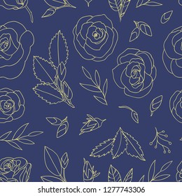 Colored seamless pattern with roses. Engraving style floral blue background with yellow roses. Hand drawn illustration
