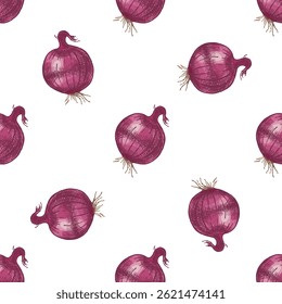 Colored seamless pattern with rustic onion bulbs. Hand drawn in vintage style . Great for farm product packaging, kitchen decor, menu design, and eco-friendly branding.