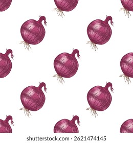 Colored seamless pattern with rustic onion bulbs. Hand drawn in vintage style . Great for farm product packaging, kitchen decor, menu design, and eco-friendly branding.