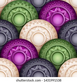 Colored Seamless Pattern with Scale Motifs. Endless Texture with Abstract Design Element. Dragon Imitation, Mermaid. Realistic Glossy Ornament. Vector 3d Illustration. Ornate Abstraction