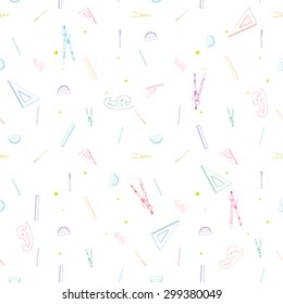 Colored seamless pattern with school supplies, doodle illustrations of geometry drawing instruments over white background
