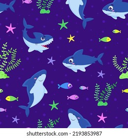Colored seamless pattern with sharks underwater. Vector flat cartoon illustration with mammals. Print, textile, wallpaper