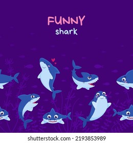 Colored seamless pattern with sharks underwater. Vector flat cartoon illustration with mammals. Print, textile, wallpaper