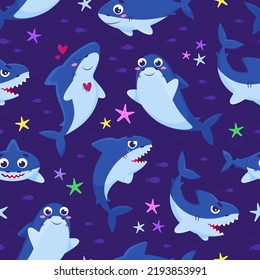 Colored seamless pattern with sharks underwater. Vector flat cartoon illustration with mammals. Print, textile, wallpaper